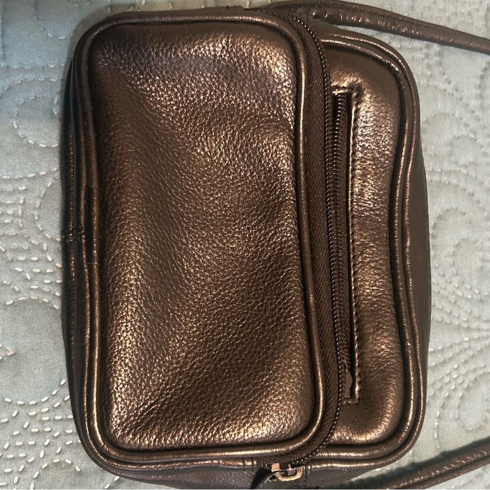 Black leather crossbody/fanny pack small bag, Wilson Leather, many zip sections.
